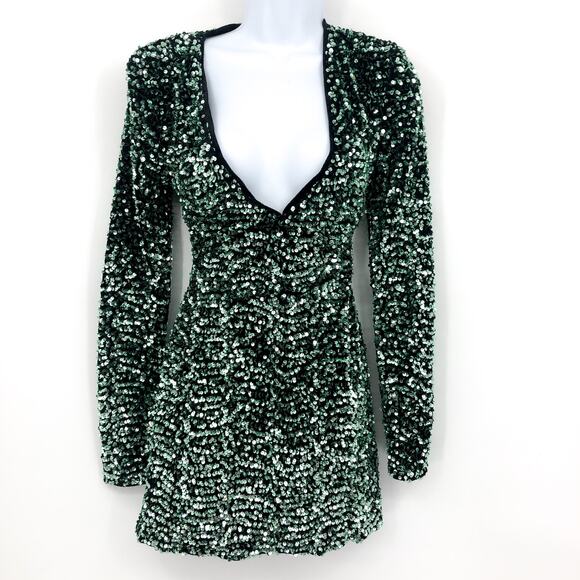 BARDOT Women's Lilia Sequin Mini Dress XS US 2 Vivid Green Long Sleeve NWT - Picture 6 of 13